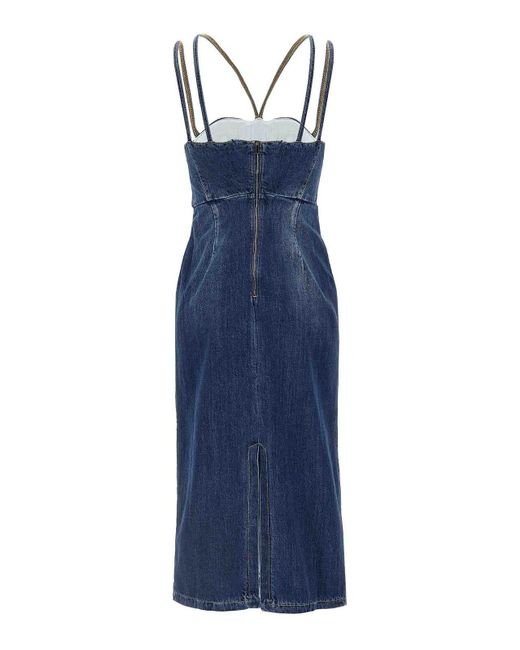 Nensi Dojaka Blue Cotton Denim Midi Dress With Bustier