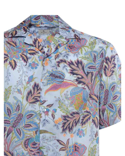 Etro Blue Cotton Poplin Bowling Shirt<Br for men