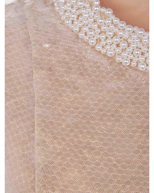 Self-Portrait Natural Sequin Pearl Trim Midi Dress