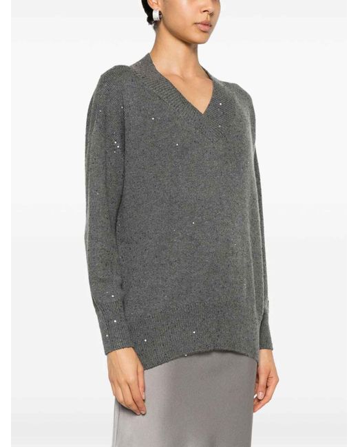 Brunello Cucinelli Gray Long Sleeve V-Neck Sweater