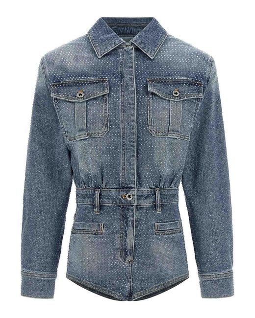 Self-Portrait Blue Rhinestone Denim Jumpsuit