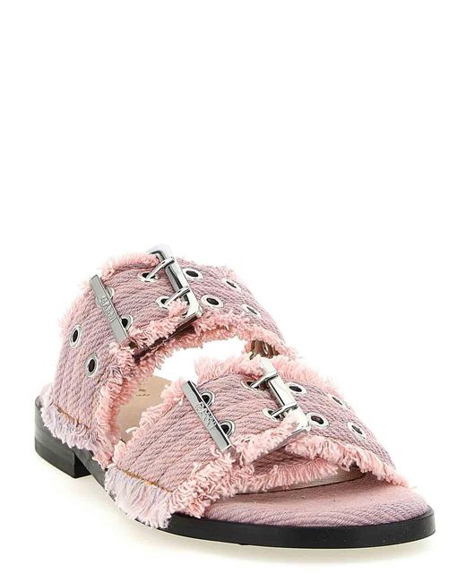 Ganni Pink Feminine Buckle Fringed Denim Sandals