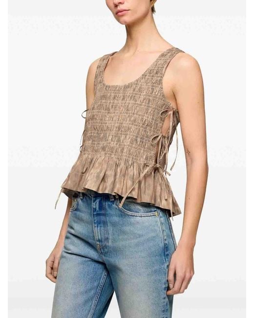 Ganni Natural Printed Stretch Cotton Smocked Tie String Top