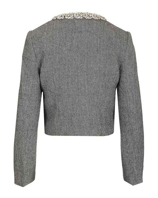 Self-Portrait Gray Herringbone Jacket With Crystal Trim