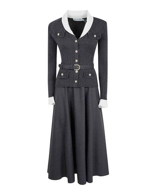 Self-Portrait Black Knit Twill Midi Dress