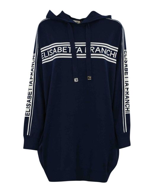 Elisabetta Franchi Blue Viscose Fleece Dress With Contrasting Bands