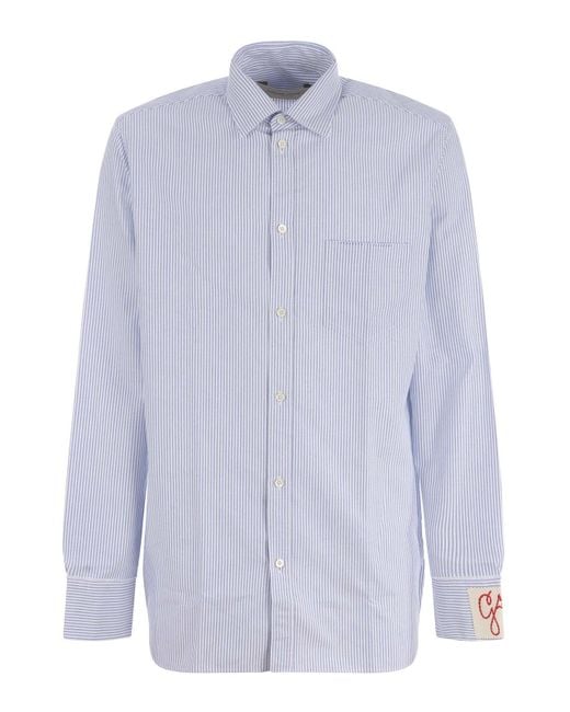 Golden Goose Deluxe Brand Blue Logo Patch Striped Cotton Shirt With Pocket for men