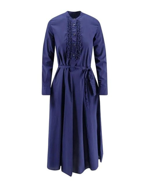 Aspesi Blue Ruffled Yoke Midi Dress