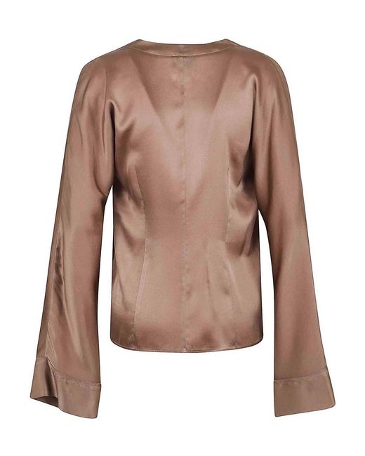Forte_forte Brown Silk Satin Draped Double-Breasted Blouse