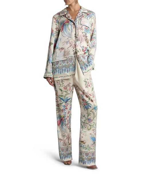 Etro Gray Twill Shirt With Placed Flora And Fauna Print