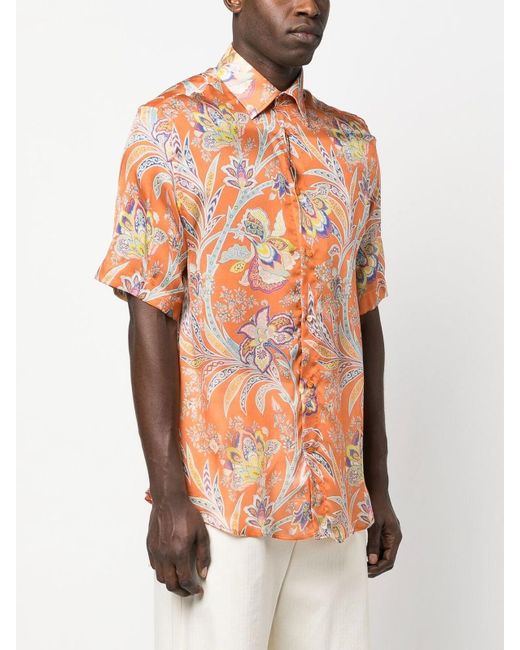 Etro Orange Paisley-print Silk Shirt for men