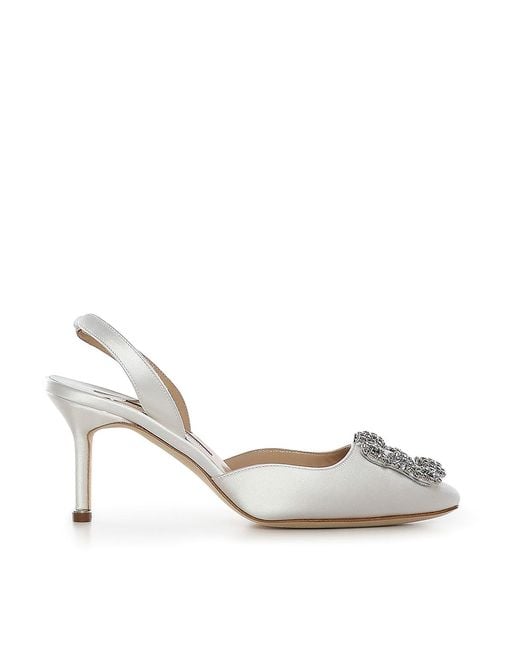 Manolo Blahnik White Hangisli Satin Slingback