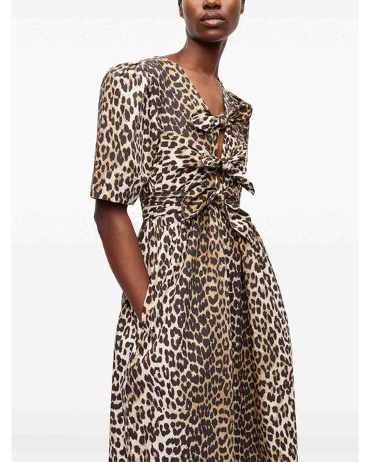 Ganni Multicolor Leopard Printed Cotton Tie Strap Midi Dress
