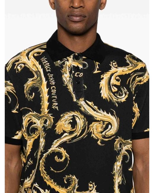 Versace Jeans Couture Black Cotton Polo Shirt With Baroque Print for men