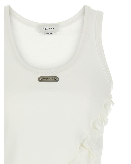 McQueen White Silk Ruffle Tank Top