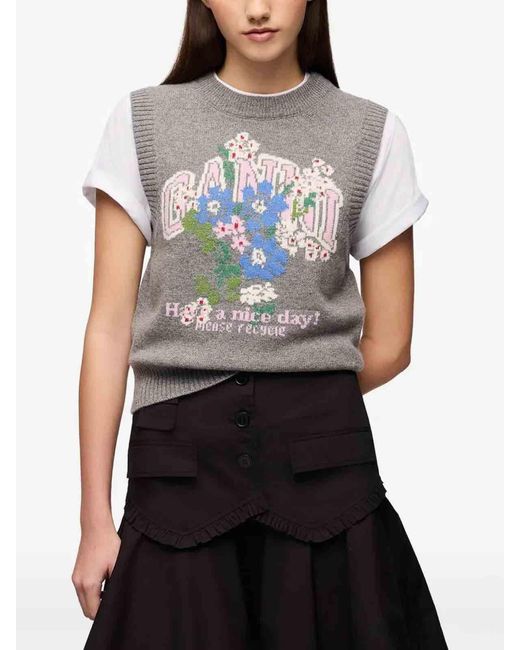 Ganni Gray Graphic Wool Vest Flowers
