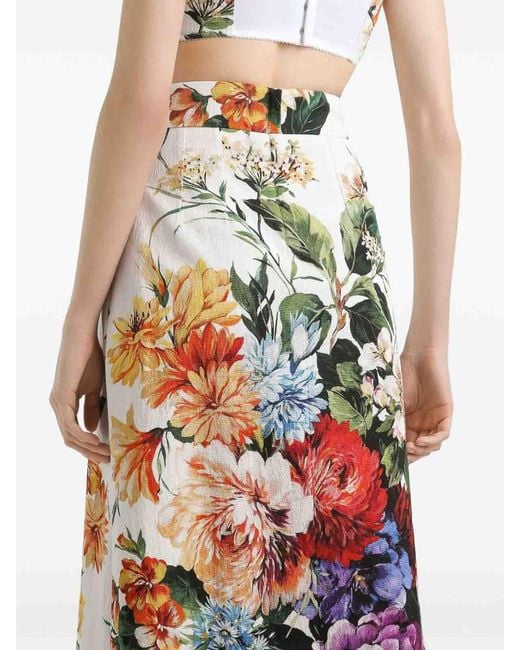 Dolce & Gabbana White Flower Bouquet Print Midi Skirt