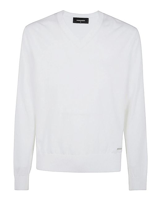 DSquared² White V Neck Knit Pullover for men