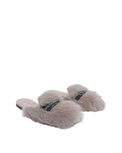 Dolce & Gabbana Gray Shearling And Suede Slippers