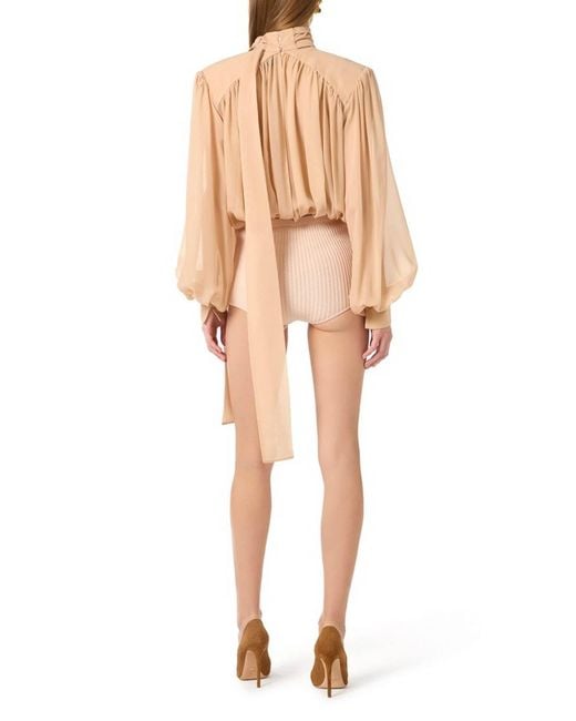 Elisabetta Franchi Natural Silk Georgette Bodysuit With Sash By