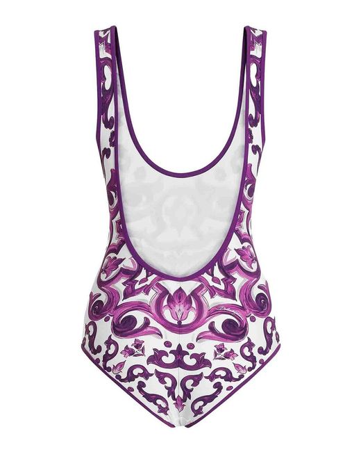 Dolce & Gabbana Purple One-Piece Swimsuit With Majolica Print