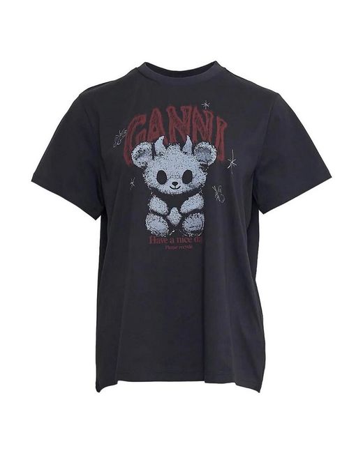 Ganni Black Heavy Cotton Jersey Embroidery Anglais
