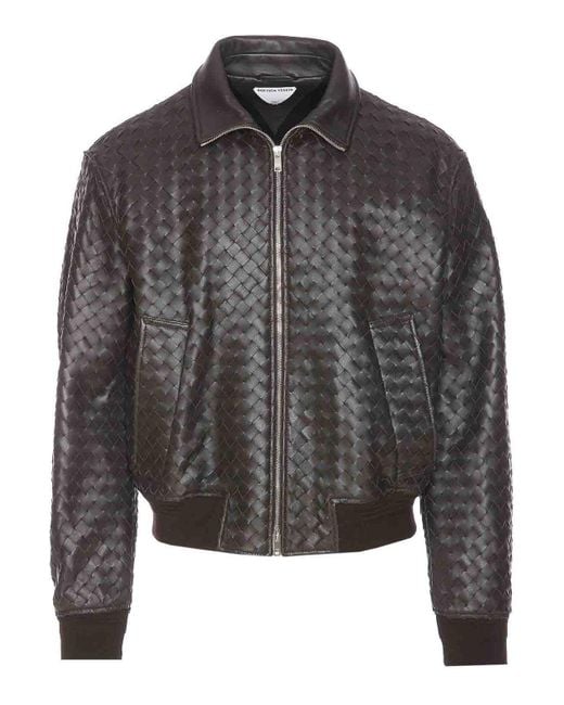 Bottega Veneta Gray Intrecciato Leather Zip Jacket for men