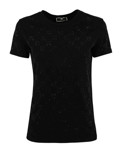 Elisabetta Franchi Black T-shirt With Rhinestone Logo