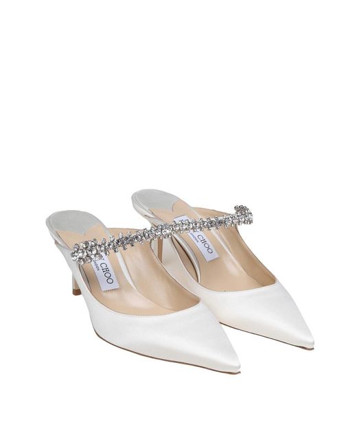 Jimmy Choo White Satin Mules With Crystal Band