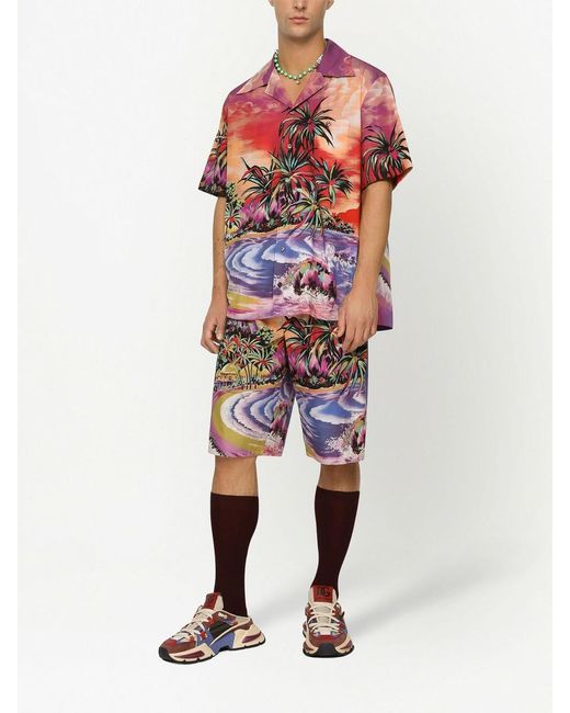 Dolce & Gabbana Red Graphic-Print Bermuda Shorts for men