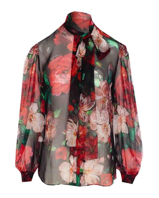 Dolce & Gabbana Red Chiffon Bow Floral Print Shirt