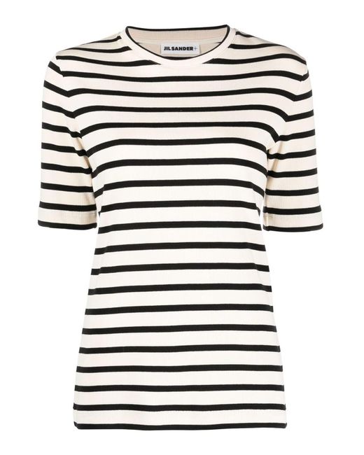 Jil Sander Black Fine Ribbed Striped T-Shirt With Logo Patch