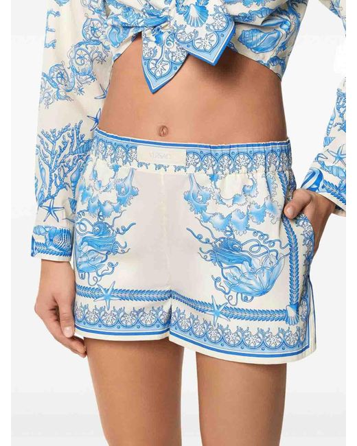 Versace Blue Cotton Shorts With Underwater Baroque Print