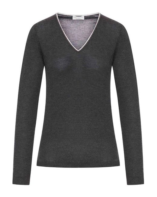 Brunello Cucinelli Black Wool Sweater With Contrasting Trim