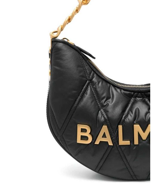 Balmain Black 1945 Soft Moon Bag-Grid Quilted Nylon