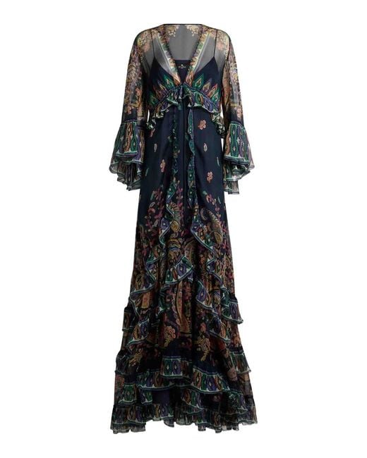 Etro Black Maxi Flared Dress With See-Through Sleeves