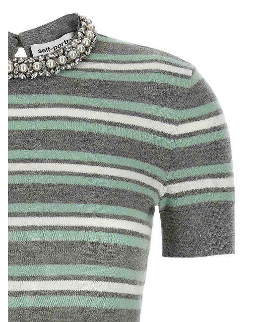 Self-Portrait Green Striped Crystal Trim Knit Sweater