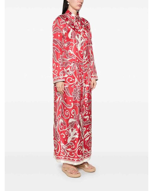 F.R.S For Restless Sleepers Red Printed Silk Long Shirtdress