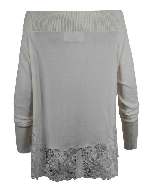 Ermanno Scervino Gray Cotton Sweater With Lace Embroidery