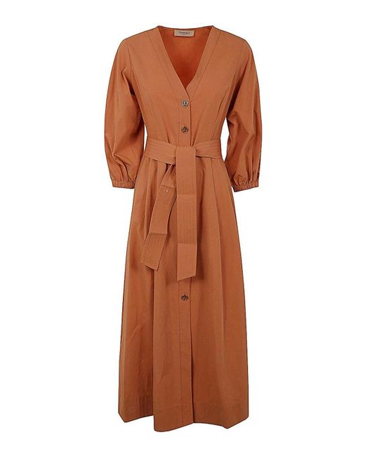 Twin Set Brown Baloon Sleeve Belted Dress