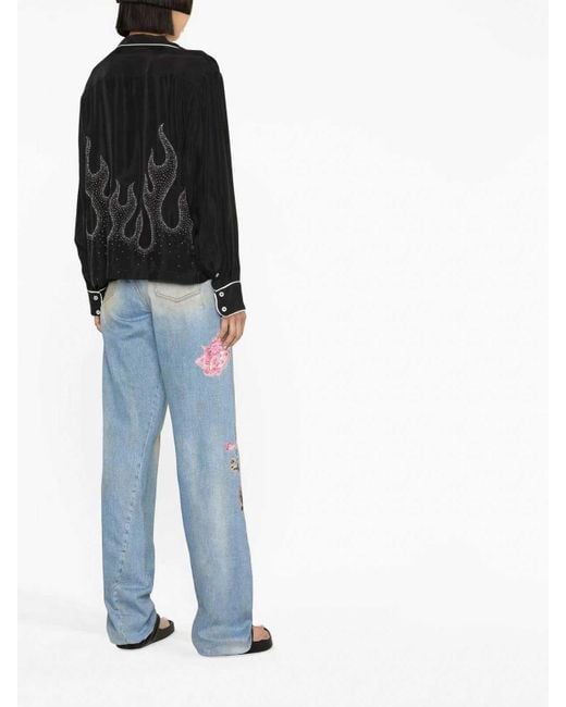 Palm Angels Black Flame-embroidered Shirt