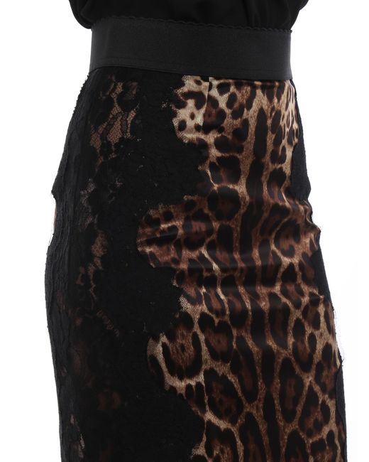 Dolce & Gabbana Black Leo Print Silk Satin And Lace Pencil Skirt