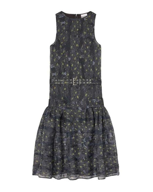 Ganni Gray Shibori Organza Belted Long Dress