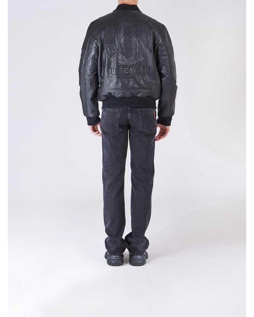 Just Cavalli Blue Leather Jacket for men