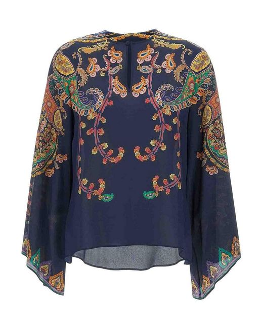Etro Blue Paisley-Printed Silk Blouse