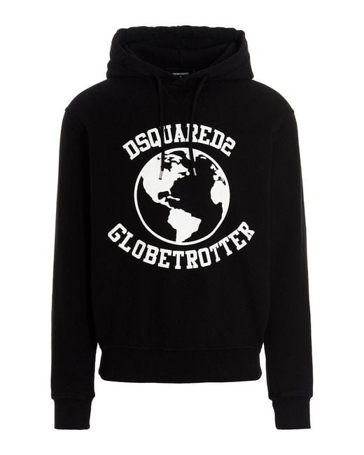 DSquared² Black Globetrotter Logo Printed Drawstring Hoodie for men