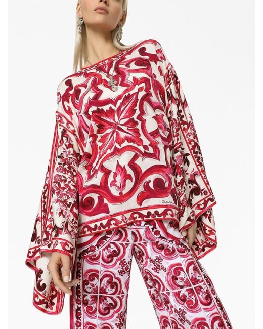 Dolce & Gabbana Red Majolica-Print Crewneck Blouse