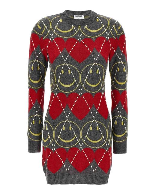 Moschino Red Wool Blend Mini Dress With Diamond-Stitched Pattern
