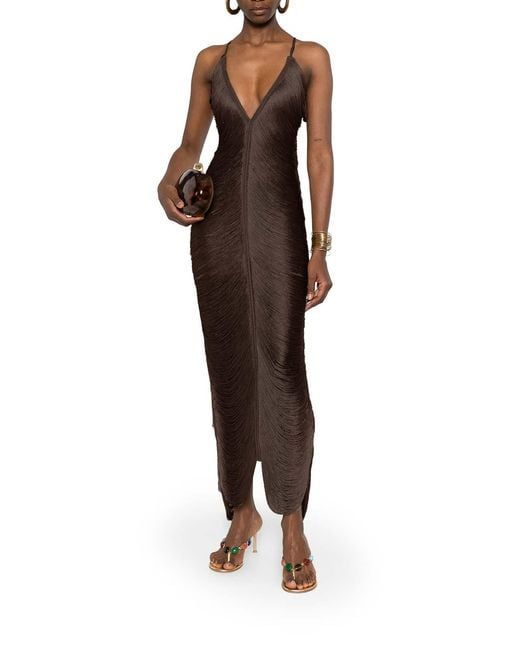 Bless Brown Long Sol Dress With Fringes And V-Neck