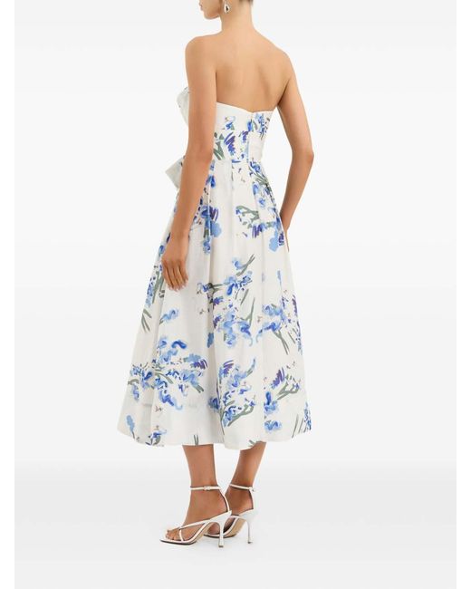 Rebecca Vallance Blue Print Linen Blend Midi Bustier Dress
